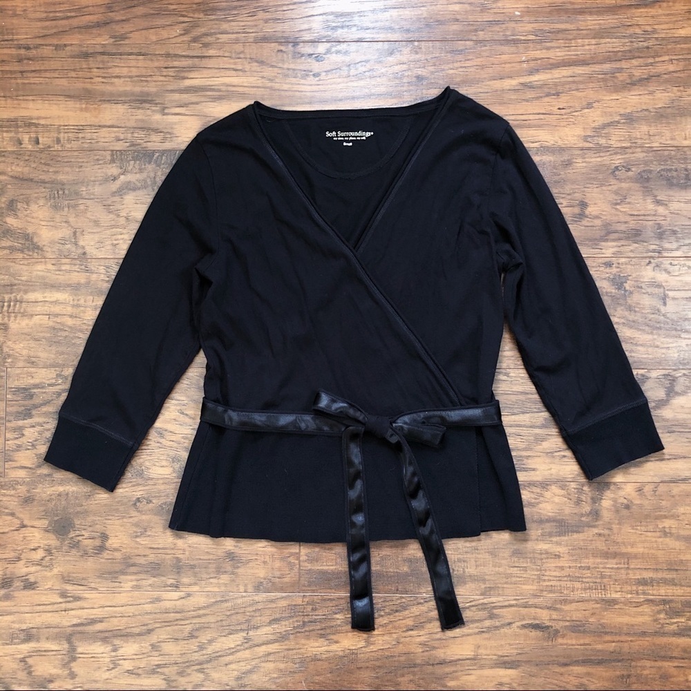 Soft Surroundings • black knit wrap top tie waist surplice ribbon belt - Picture 2 of 8